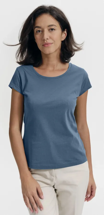 T-shirt med smal passform för damer med rund halsringning, denim T-shirt med smal passform för damer med rund halsringning, denim