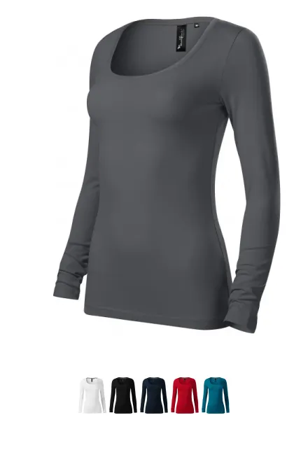 T-shirt dam med långa ärmar och djupare urringning, ljusgrå