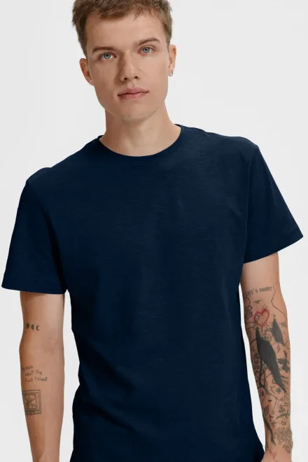 Herr-T-shirt, texturerad ekologisk bomull, mörkblå