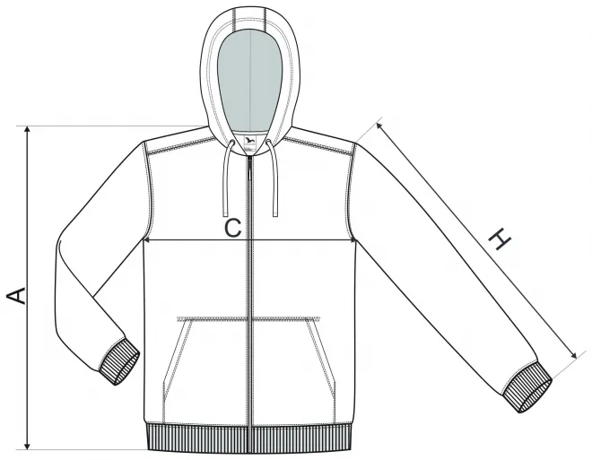Herrtröja med huva -  storleksdiagram